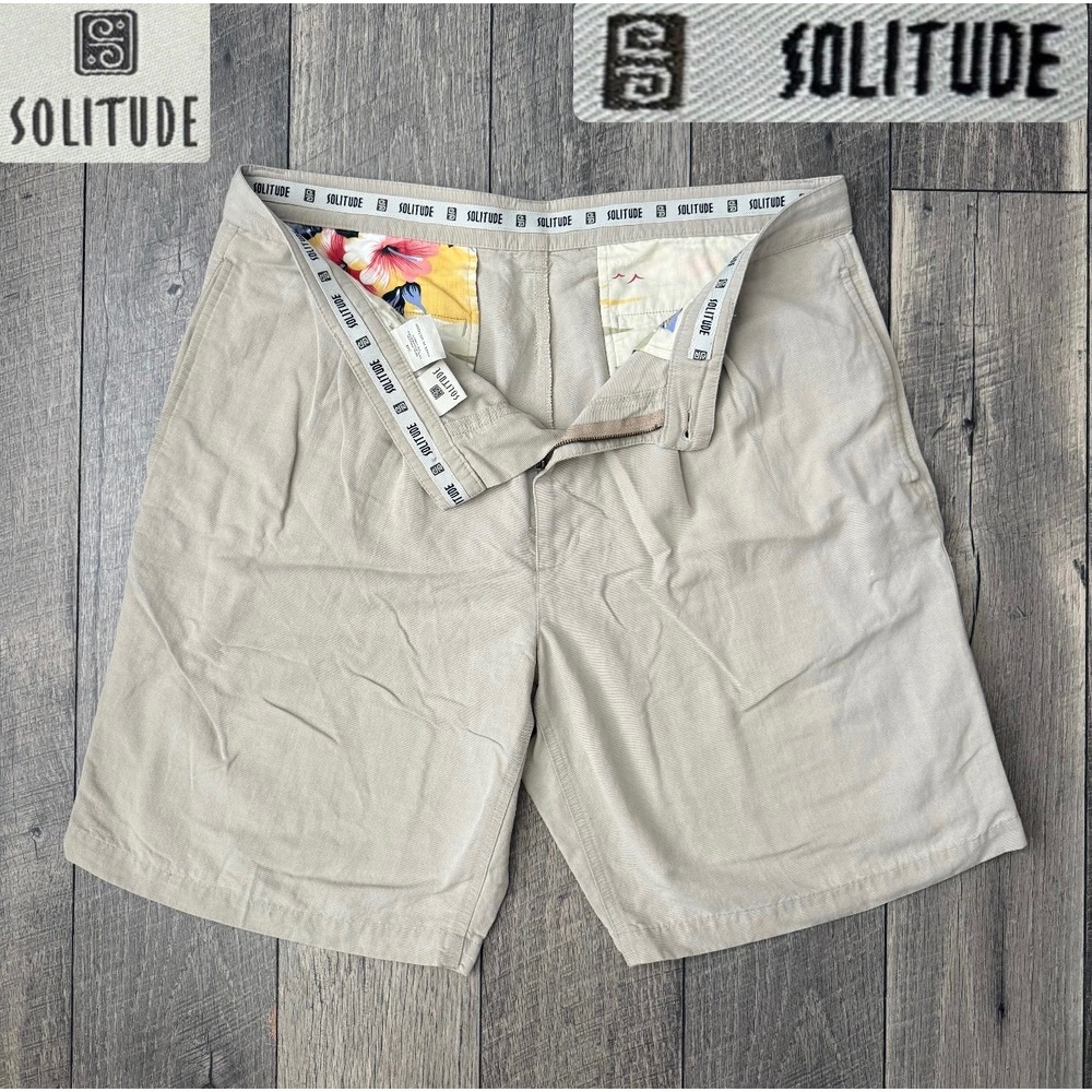 Solitude Pleated Linen Blend Shorts Beige Tan Mens 36 Tropical Lining Chino Golf